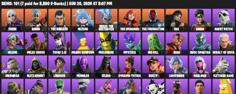 Fortnite account inventory for LVL 1966 - Torin - Ronin - 101 Outfits