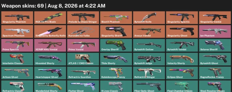 Valorant account inventory for LVL 398 · RGX 11z Pro Blade & Byteshift Knife & Kuronami no Yaiba
