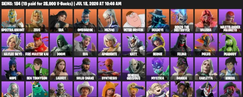 Fortnite Accounts listing: LVL 1238 - Spectra Knight - Zeus - 184 Outfits - 184 outfits