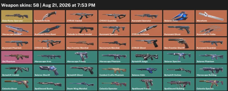 Valorant account inventory for LVL 62 · Byteshift Knife & Kuronami no Yaiba & 58 Skins Byteshift Knife