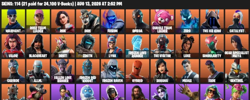 Fortnite account inventory for LVL 1257 - Warpaint - Rose Team Leader - 114 Outfits