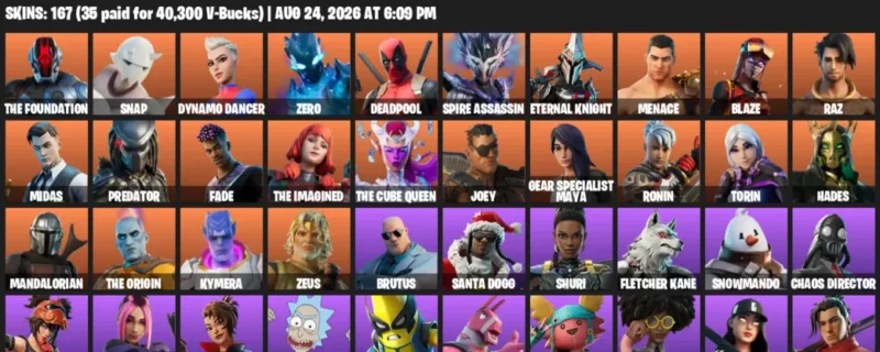 Fortnite account inventory for LVL 3065 - The Foundation - Snap - 167 Outfits