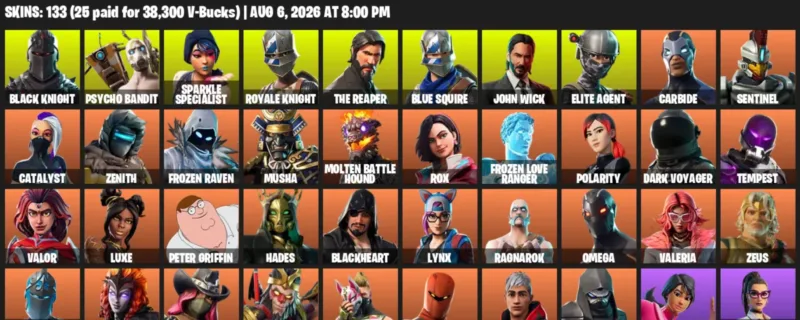 Fortnite account inventory for LVL 1879 - Black Knight - Psycho Bandit - 133 Outfits