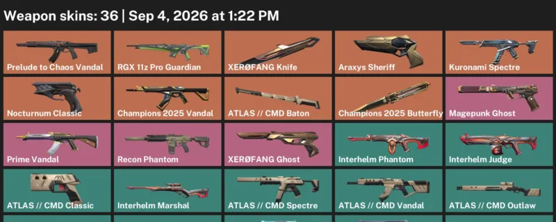 Valorant account inventory for LVL 56 · 36 Skins Champions 2025 Butterfly Knife & Araxys Sheriff