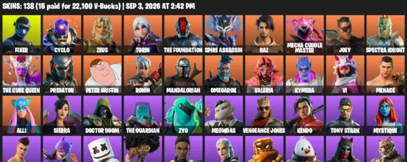 Fortnite account inventory for LVL 2643 - Fixer - Cyclo - 138 Outfits