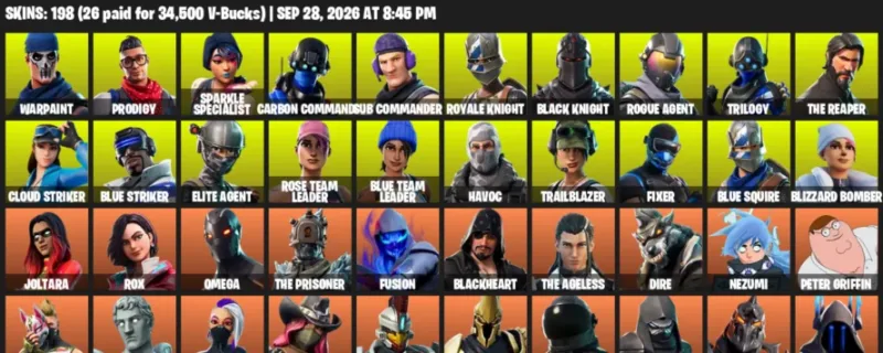 Fortnite account inventory for Warpaint - Prodigy - 120 Outfits