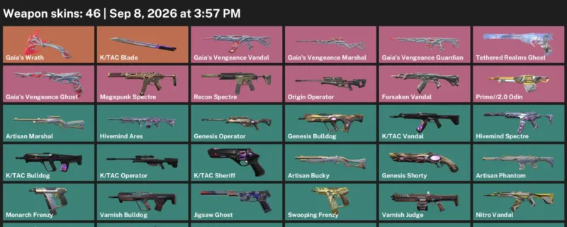 Valorant account inventory for LVL 94 · Forsaken Vandal & Tac Blade