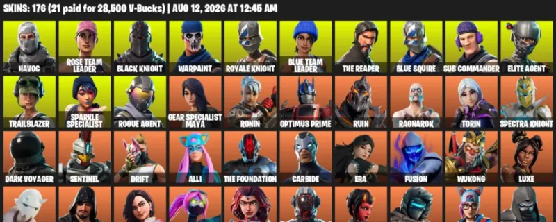 Fortnite account inventory for LVL 1338 - Havoc - Rose Team Leader - 176 Outfits