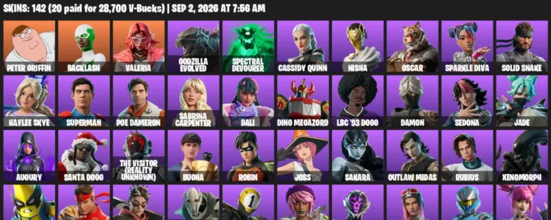 Fortnite account inventory for LVL 1209 - Peter Griffin - Backlash - 142 Outfits