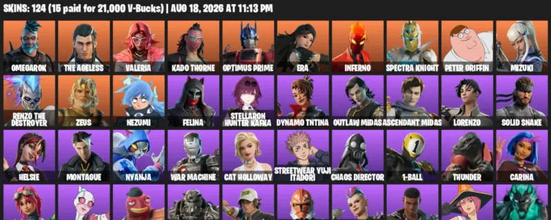 Fortnite account inventory for LVL 1468 - Omegarok - The Ageless - 124 Outfits
