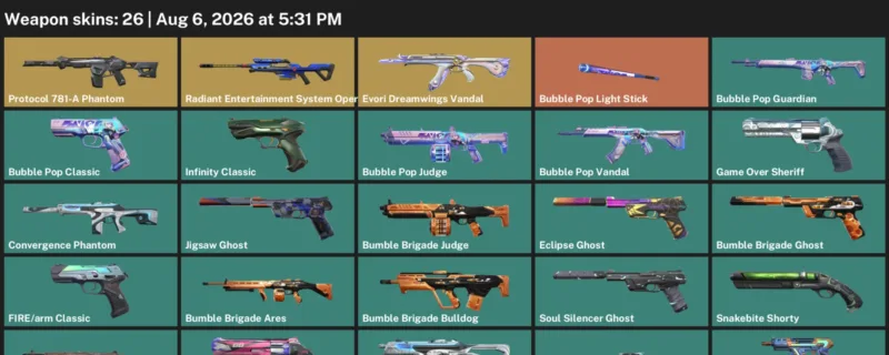 Valorant account inventory for LVL 188 · Bubble Pop Vandal & Bubble Pop Judge