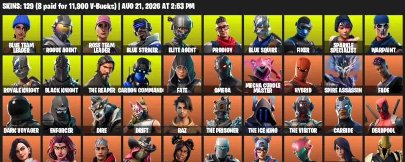 Fortnite account inventory for LVL 1149 - Blue Team Leader - Rogue Agent - 129 Outfits