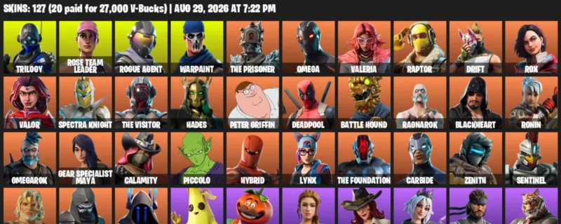 Fortnite account inventory for LVL 1178 - Trilogy - Rose Team Leader - 127 Outfits