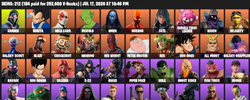 Fortnite Accounts listing: LVL 373 - Xander - Vegeta - 212 Outfits - 212 outfits