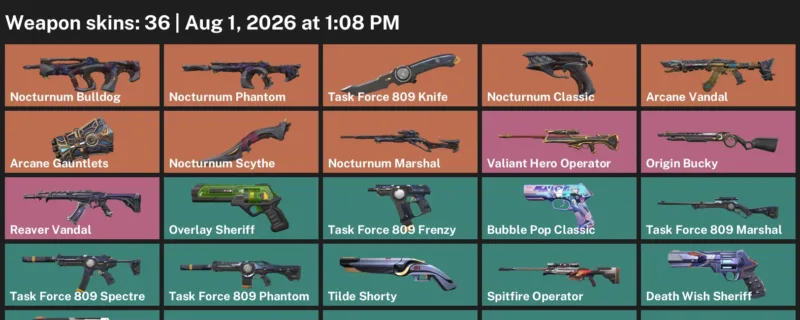 Valorant account inventory for LVL 216 · Arcane Vandal & Nocturnum Scythe & Task Force 809 Knife