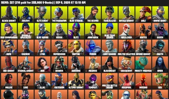 Fortnite account inventory for LVL 1113 - Black Knight - Trilogy - 327 Outfits