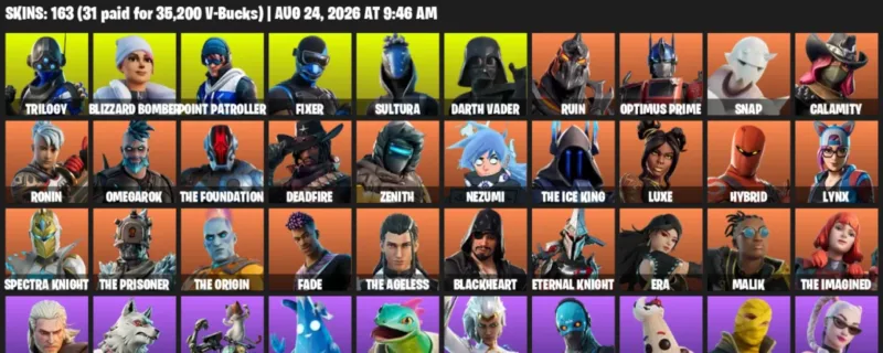 Fortnite account inventory for LVL 4024 - Trilogy - Blizzard Bomber - 163 Outfits