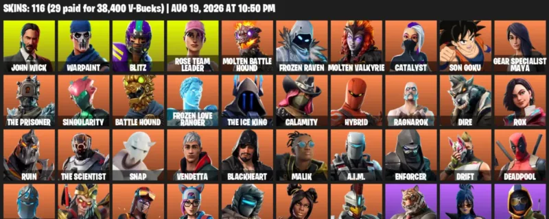 Fortnite account inventory for LVL 942 - John Wick - Warpaint - 116 Outfits