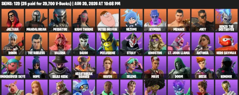 Fortnite account inventory for LVL 2260 - Joltara - Mandalorian - 129 Outfits