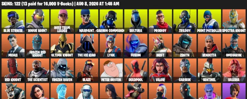 Fortnite account inventory for LVL 1620 - Blue Striker - Rogue Agent - 122 Outfits