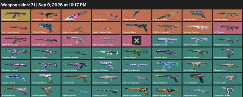 Valorant account preview: LVL 94 · Reaver Karambit & Shellspire Sword · 71 Skins