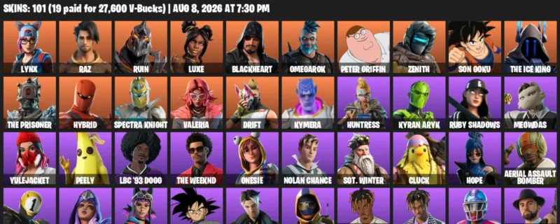 Fortnite account inventory for LVL 1469 - Lynx - Raz - 101 Outfits