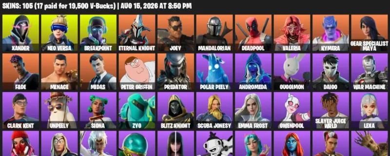 Fortnite account inventory for LVL 2212 - Xander - Neo Versa - 105 Outfits