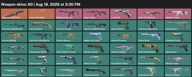 Valorant account inventory for LVL 322 · Velocity Karambit & 60 Skins Task Force 809 Knife