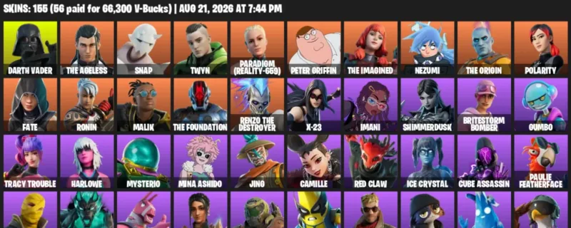 Fortnite account inventory for LVL 1770 - Darth Vader - The Ageless - 155 Outfits