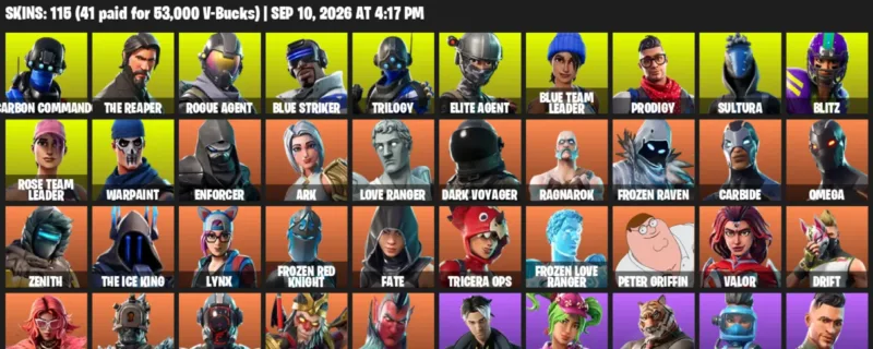 Fortnite account inventory for LVL 1114 - Carbon Commando - The Reaper - 115 Outfits