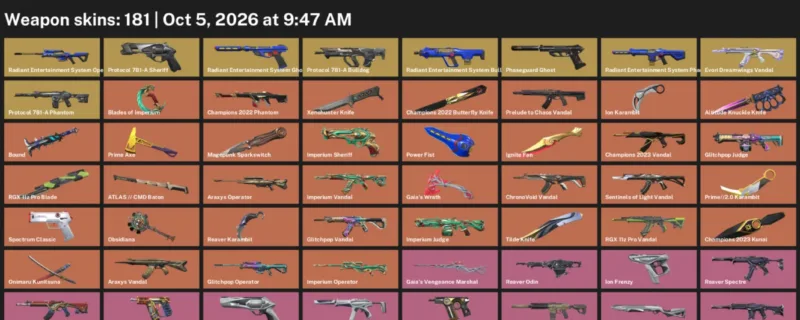 Valorant account inventory for LVL 189 · Champions 2022 Butterfly Knife & Champions 2023 Kunai