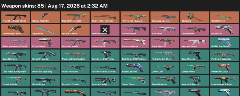 Valorant account inventory for LVL 223 · Reaver Karambit & 85 Skins Byteshift Knife