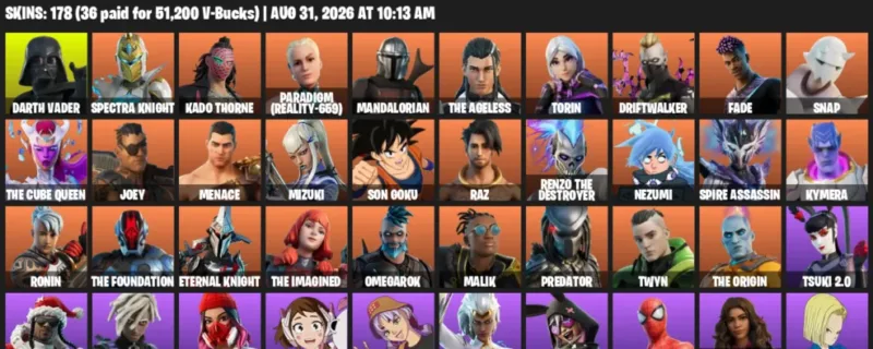 Fortnite account inventory for LVL 2593 - Darth Vader - Spectra Knight - 178 Outfits