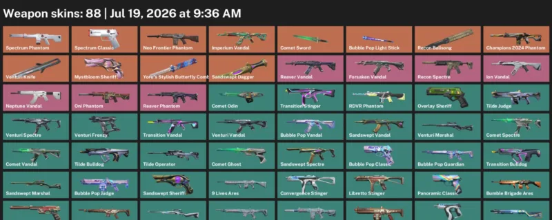 Valorant Accounts listing: LVL 146 · Comet Sword & Sandswept Dagger · 88 Skins - Silver 1, 88 skins