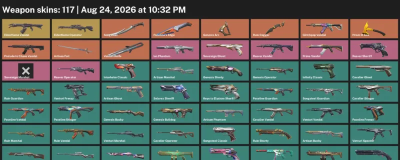 Valorant account inventory for LVL 254 · Ruin Dagger & Venturi Knife & 117 Skins Ruin Dagger