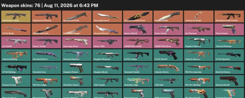Valorant account inventory for LVL 201 · Champions 2023 Kunai & Elderflame Dagger