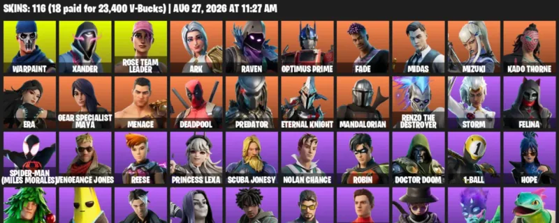 Fortnite account inventory for LVL 1731 - Warpaint - Xander - 116 Outfits