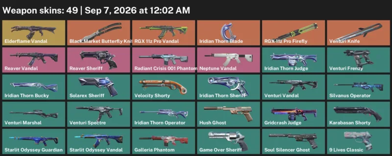 Valorant account inventory for LVL 176 · Venturi Knife & Iridian Thorn Blade