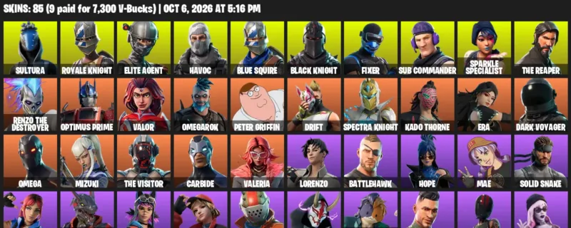 Fortnite account inventory for Sultura - Royale Knight - 85 Outfits