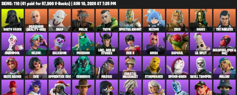 Fortnite account inventory for LVL 1702 - Darth Vader - Paradigm (Reality-659) - 110 Outfits