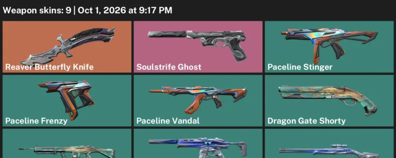 Valorant account inventory for LVL 17 · Reaver Butterfly Knife & Paceline Vandal