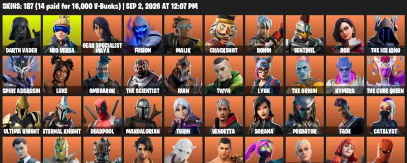Fortnite account inventory for LVL 3143 - Darth Vader - Neo Versa - 187 Outfits