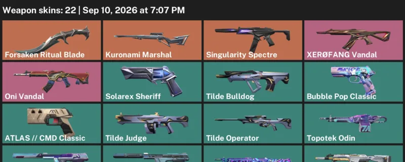 Valorant account inventory for LVL 221 · Forsaken Ritual Blade & Kuronami Marshal