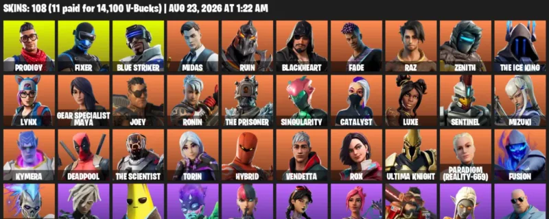 Fortnite account inventory for LVL 2066 - Prodigy - Fixer - 108 Outfits