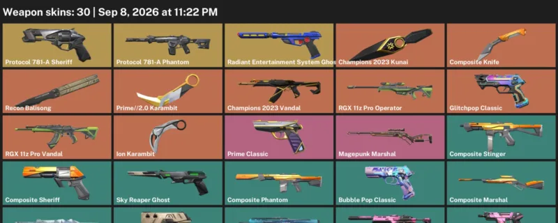Valorant account inventory for LVL 129 · Champions 2023 Kunai & Composite Knife
