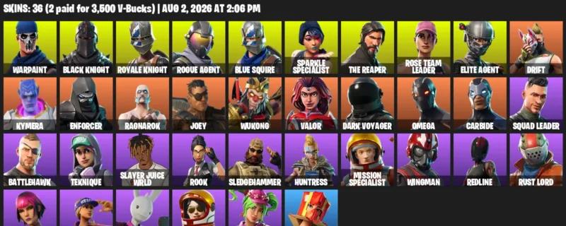 Fortnite account inventory for LVL 820 - Warpaint - Black Knight - 36 Outfits