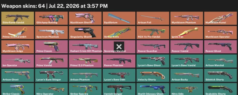 Valorant Accounts listing: LVL 242 · Ignite Fan & Mystbloom Kunai · 64 Skins - Diamond 2, 64 skins