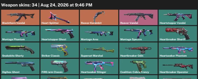 Valorant account inventory for LVL 211 · Reaver Karambit & Blackthorn Vandal