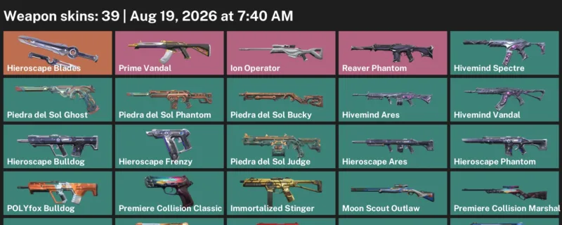 Valorant account inventory for LVL 114 · Celestia Operator & Hieroscape Blades