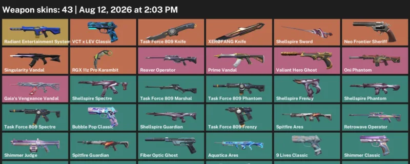 Valorant account inventory for LVL 165 · 43 Skins RGX 11z Pro Karambit